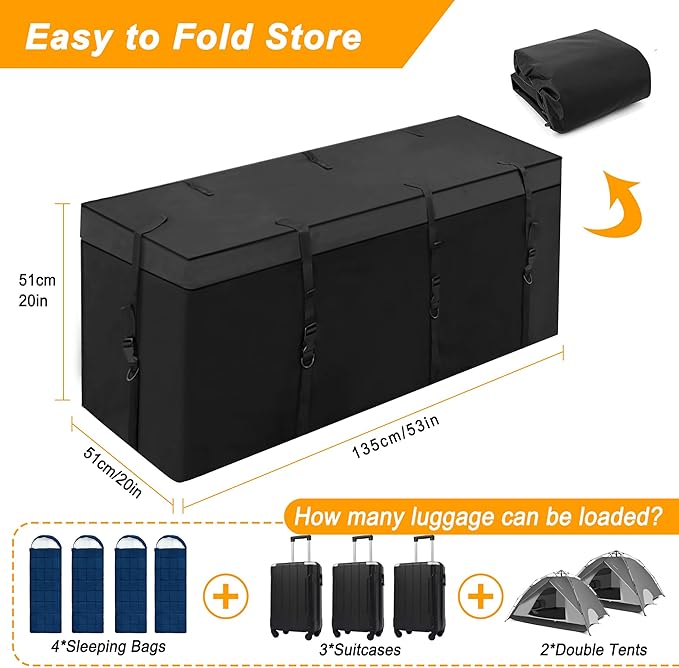 MDSTOP Hitch Cargo Carrier Bag, Waterproof Cargo Bag, 12.5 Cu Ft 53"x20"x20" Rainproof Vehicle Soft-Shell Carriers, with 8 Reinforced Straps for Vans Truck Pickup (Black, 12.5 cu. ft 53"x20"x20")
