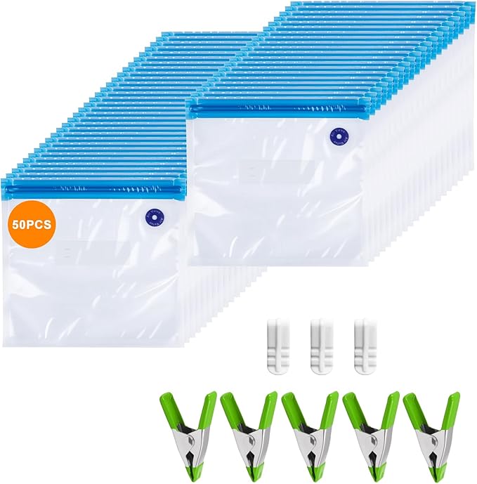 MEGAWISE Reusable Sous Vide Bags 58Pcs BPA-Free, 1.4L Vacuum Sealer Bags for Cooking & Microwave, 50 Zipper Bags, 3 Seal Clip