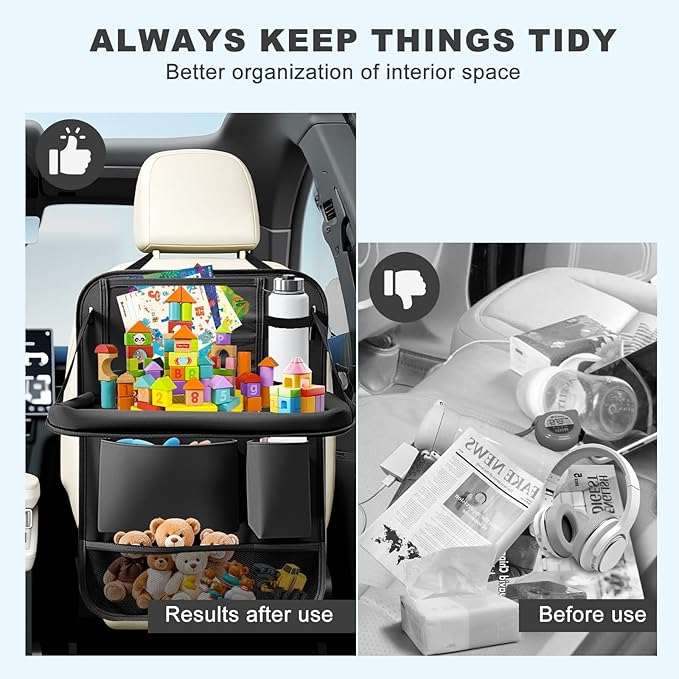 2Pack Car Backseat Organizer with Foldable Table Tray,6 Storage Pockets Car Storage Organizer with Tablet Holder,Car Seat Back Protectors Kick Mats Travel Accessories (Black)