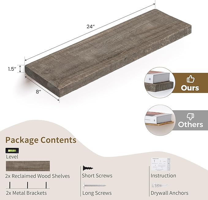Floating Shelves, 8 Inch Deep Rustic Solid Reclaimed Wood Wall Shelves for Storage, Wall Mounted Display Shelving with Invisi