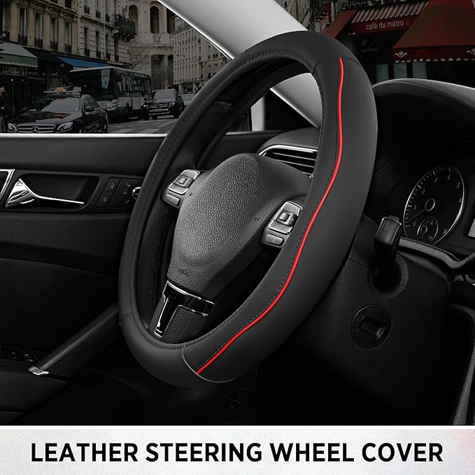 Road Comforts Leather Steering Wheel Cover with Decorative Trim and Piping, Anti-Slip Breathable Design, Fits 14.5–15 Inch Ro