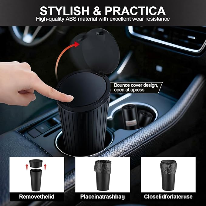 SINGARO 2PCS Car Trash Can with Lid, Leakproof Mini Garbage Bin for Car Cup Holder, Small Trash Can for Vehicle, Home & Office - Includes 60 Bags, Easy Clean (Black)