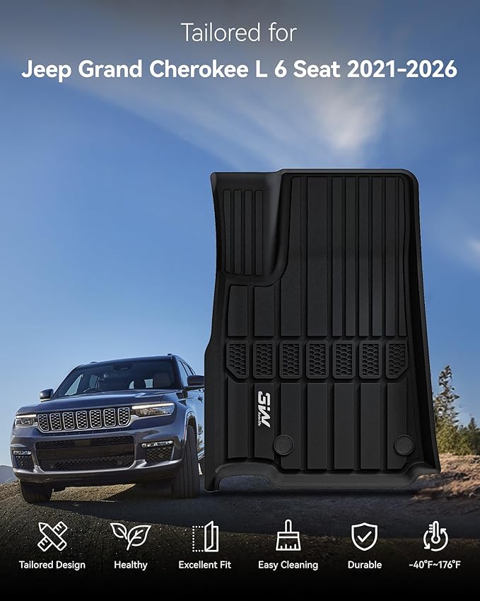 3W Floor Mats & Cargo Liner & Seatback Mats Fit with Jeep Grand Cherokee L 2021-2025 2026 (6-Seats w/o 2nd Row Center Armrest Only), All-Weather Full Set TPE Car Mats, Black