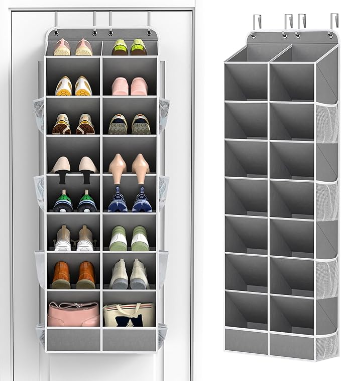 Yecaye 8 Tier Over the Door Shoe Organizer of Deep 16 Compartments, 50lbs Load Shoe Rack for Door in Oxford Holds 16-24 Pairs