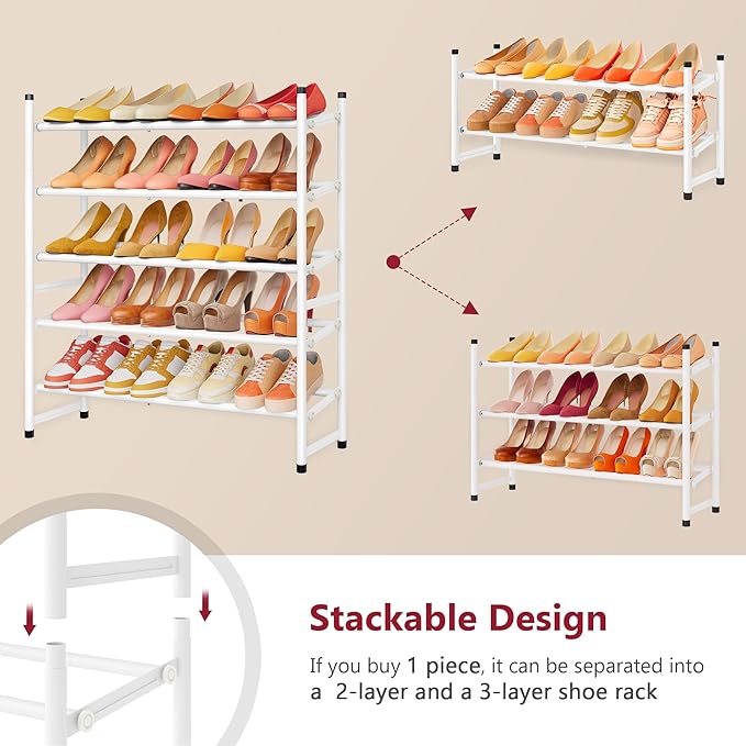 Tajsoon Expandable Shoe Rack for Closet 5 Tier, 29“-41“Adjustable & Stackable Shoe Shelf Storage, Metal Shoe Rack Organizer f
