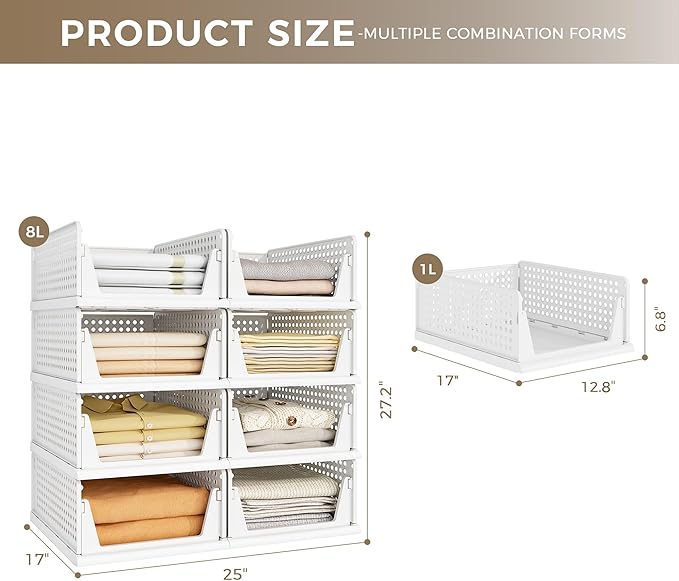 Pinkpum 8 Pack Closet Organizers and Storage Plastic Stackable Storage Bins, Foldable Drawer Shelf Storage Container for Ward