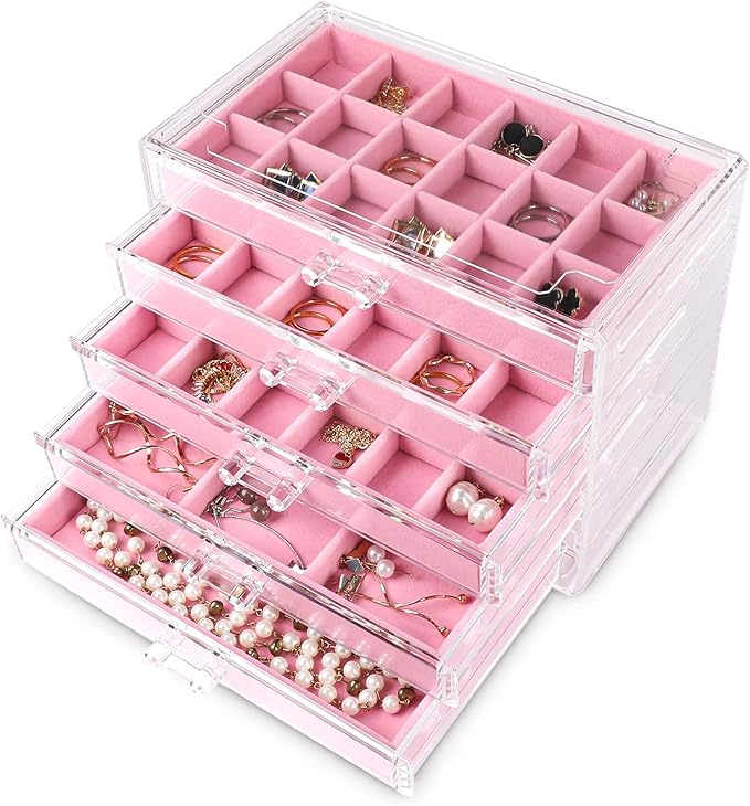 Frebeauty Acrylic Jewelry Organizer Earring Organizer Box with 5 Drawers Earring Holder Organizer with Velvet Trays Clear Jew