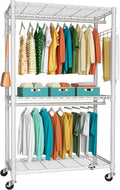 FUTASSI P1 Heavy Duty Garment Rack, 3 Tiers Adjustable Rolling Metal Closet Organizer with Lockable Wheels, FreeStanding Ward