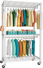 FUTASSI P1 Heavy Duty Garment Rack, 3 Tiers Adjustable Rolling Metal Closet Organizer with Lockable Wheels, FreeStanding Ward