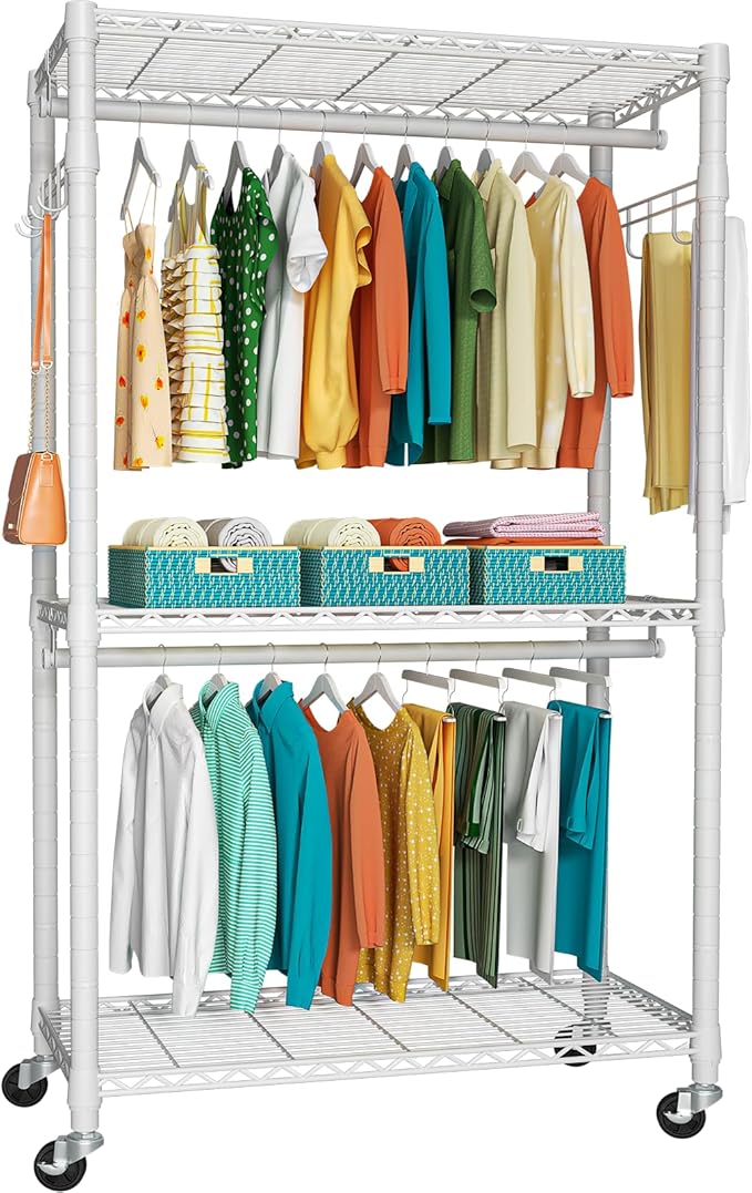 FUTASSI P1 Heavy Duty Garment Rack, 3 Tiers Adjustable Rolling Metal Closet Organizer with Lockable Wheels, FreeStanding Ward