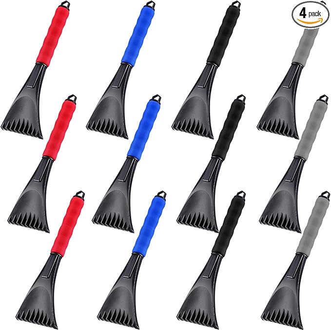 Frienda 4 Pieces Ice Scraper for Car Windshield Plastic Snow Frost Ice Removal Tool with Foam Handle for Cars Trucks Window (Black, Red, Blue, Gray)