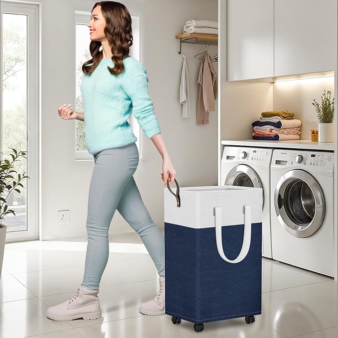HomeHacks 90L Rolling Laundry Hamper with 4 Smooth Wheels, Collapsible Waterproof Clothes Basket, Freestanding Tall Hamper wi