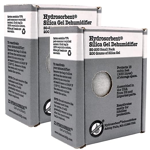 HYDROSORBENT Silica Gel Dehumidifier (200gm - 2 Pack) - Silica Gel Packets w/Built-in Color Changing Indicator for