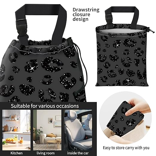 Car Trash Bag Large Hanging Can for Back of Seat, Cute Waterproof Car Garbage Bag for Vehicle, Travelling, Outdoor Cute Glitter Black Leopard