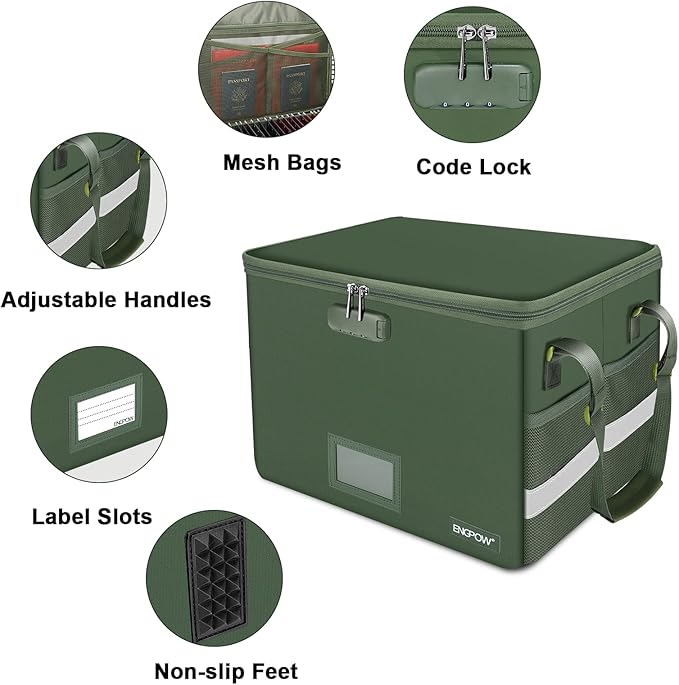 ENGPOW File Box with Lock, Fireproof Document Box with Pockets, Collapsible File Organizer Filing Storage Cabinet with Handle