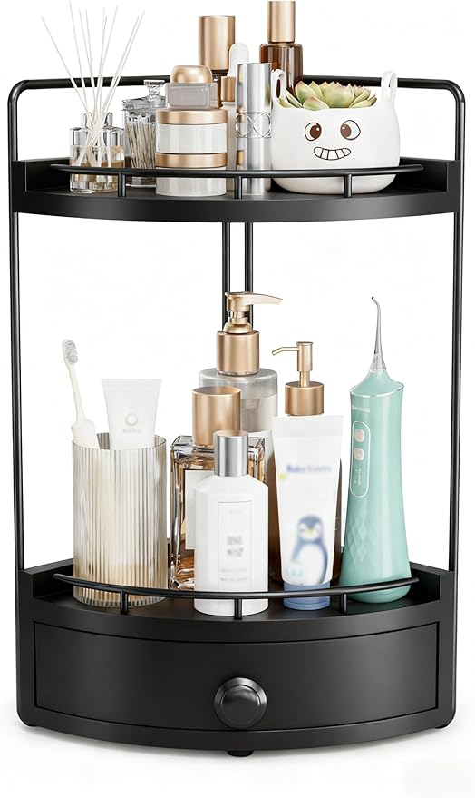 2-Tier Corner Bathroom Counter Organizer with Drawer & Embedded Screw Holes - Wooden Countertop Organizers for Skincare, Make
