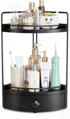 2-Tier Corner Bathroom Counter Organizer with Drawer & Embedded Screw Holes - Wooden Countertop Organizers for Skincare, Make