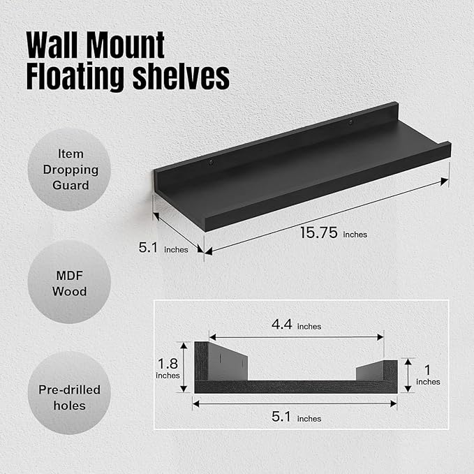 RICHER HOUSE Floating Wall Mounted Shelves, 8pc Set with Lip - Black Nursery Book Shelves for Bedroom, Bathroom, Kitchen Deco