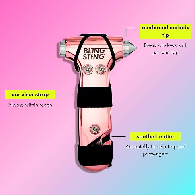 BLINGSTING Safety Hammer - Emergency Automotive Escape Tool with Window Breaker, Seat Belt Cutter & Adjustable Car Visor Stra