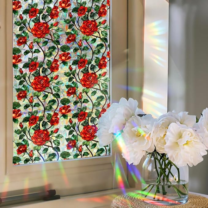 Retro Flower Window Privacy Film,Stained Glass Decals Chinese Red Rose Privacy Rainbow Decals Living Room Sun Blocking Decor Removable Static Cling Stickers,16.93x39.37inch