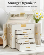 TORIBIO Jewelry Box for Women, Leather Jewelry Organizer with Mirror & Lock, 5-Tier Jewelry Storage Organizer with 4 Drawers 