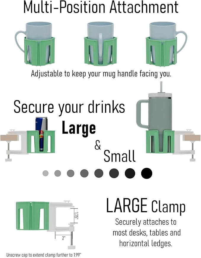 Original Large Desk Cup Holder Clamp – Cup-Holster, The Anti-Spill Cup Holder for Table, Office & Gaming – Multi-Directional 