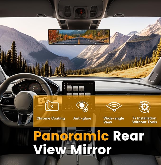 Rear View Mirror, Chrome Coat Anti-glare Panoramic Wide Angle Rearview Mirror Interior Clip-on Universal 12 Inch Convex Car Mirrors for Car SUV Trucks to Reduce Blind Spot 2 Pack