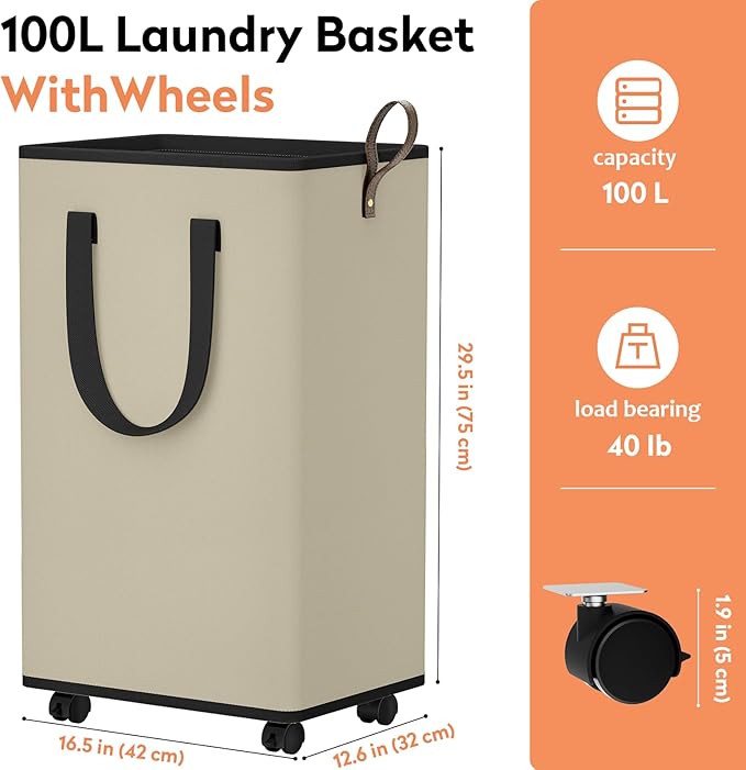 SpaceTrove Laundry Basket with Wheels, Collapsible Laundry Baskets, Laundry Hamper with Handles Detachable Wheels, Rolling La