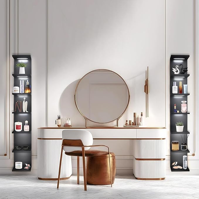 7 Tier Wall Shelves with Led Light, Lack Wall Shelf Unit, Vertical Shelf with Remonte Control,Black Shelves