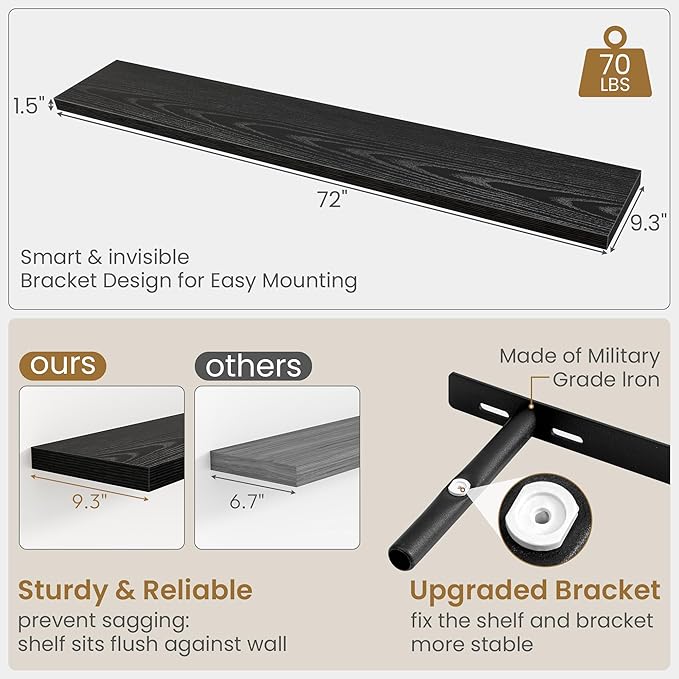 Fun Memories 72 Inch Floating Shelves in Black, 9.3 Inch Deep Floating Shelf for Bathroom Living Room Kitchen, Rusitc Wall Mo