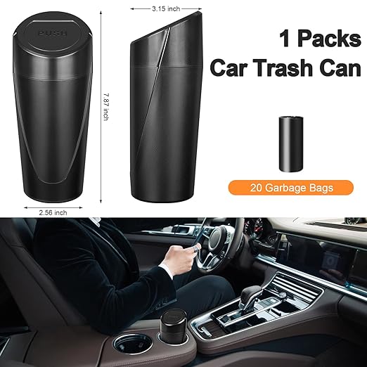 Car Trash Can, Mini Car Trash Bin with Lid, Leakproof Cup Holder Car Garbage Can with 20 Trash Bags, Vehicle Front Back Seat Organizers and Storage for Car, Home, Office, Black