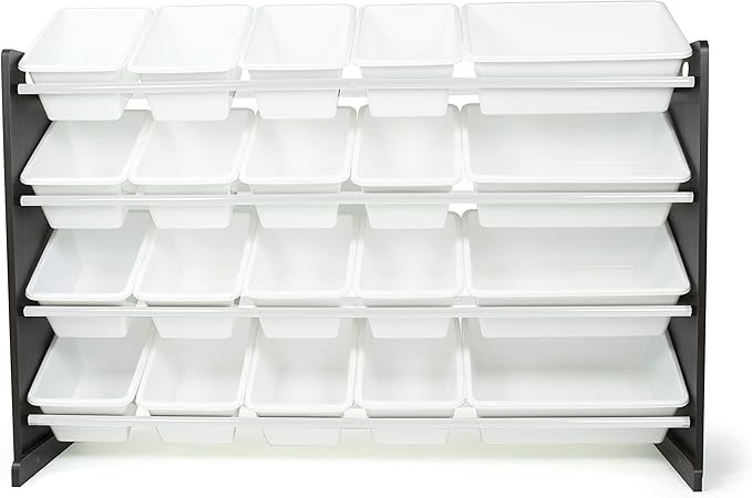 Humble Crew Extra-Large Toy Organizer with 20 Plastic Bins – White/Espresso Storage Rack with 4-Tier Shelves, Anti-Tip Safety