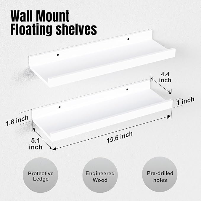 RICHER HOUSE 5 Set White Floating Shelves, Wall Mounted Shelves for Wall Decor, Modern Picture Ledge Shelf with Lip for Stora