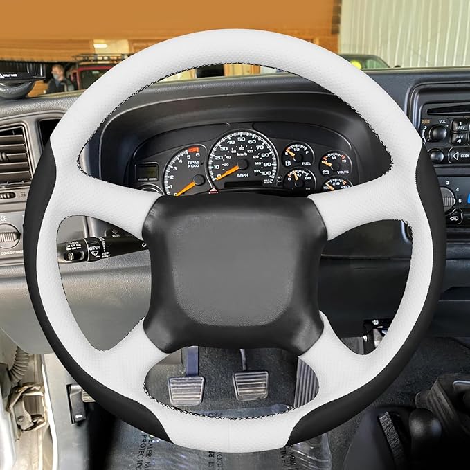 MEWANT Hand Stitch Steering Wheel Cover for Chevy Silverado 1500 2500 3500 1999-2002 Tahoe Suburban 1998-2002 Astro Blazer S10 Kodiak C/K White Black Faux Leather Custom-Fit Anti-Slip Interior Wrap