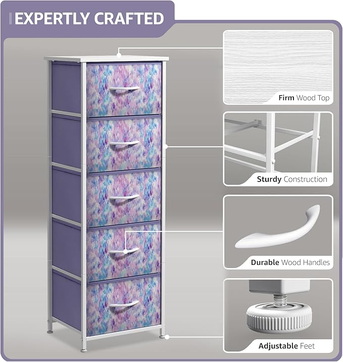 Sorbus Fabric Dresser for Kids Bedroom - Chest of 5 Drawers, Tall Storage Tower, Clothing Organizer, for Closet, for Playroom