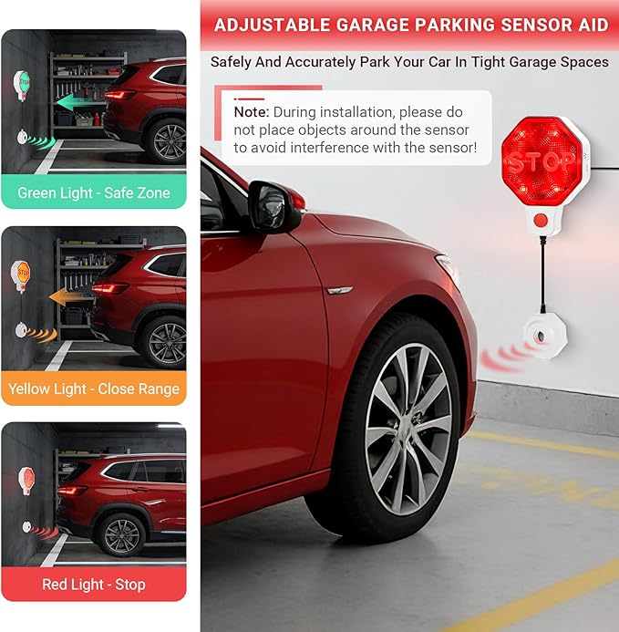 Garage Parking Sensor, Adjustable Garage Car Stop Indicator with Red/Yellow/Green LED Display, Set Stop Distance 6"–6 Ft, Battery (Not Included) or Power Cord Powered (White)