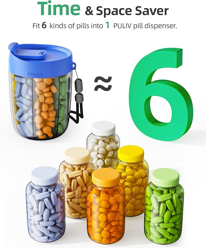 PULIV Large Supplement Organizer Bottle, Holds Plenty of 6 Various Vitamins in 1 Pill Dispenser with Anti-Mixing & Wide Openi