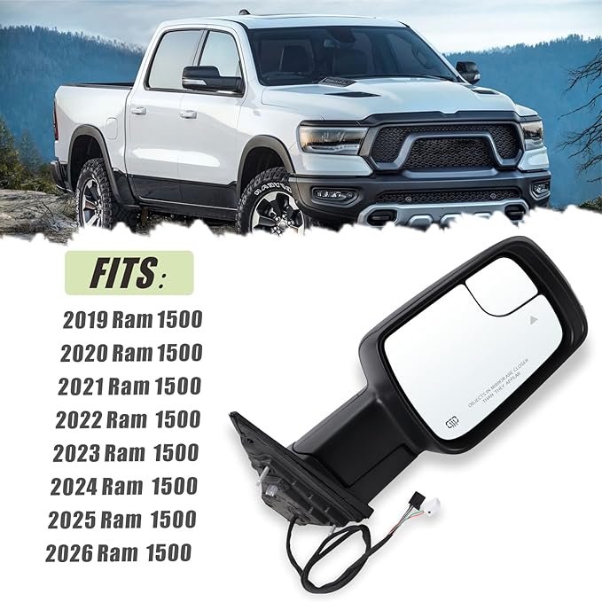 Right Passenger Side Mirror Fits 2019-2026 Ram 1500 With Power Folding Power Glass Heated Turn Signal Puddle Light Blind Spot Matte Black Replace#68276502AH(9+2Pins)