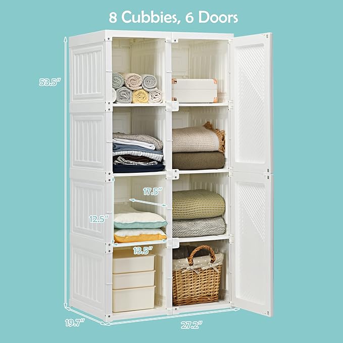 Tangkula Portable Closet Wardrobe, Foldable Clothes Organizer with Cubby Storage, Hanging Rods, Easy Assemble Clothing Storag