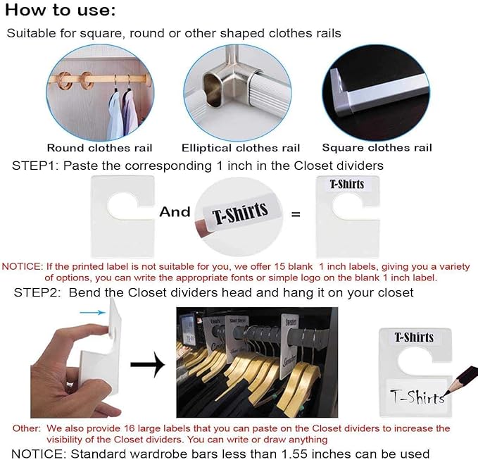 10 Pack White Clothing Rack Size Dividers Plus 60 Labels (1 Inch) and 16 Large Blank Labels, Large Rectangular Clothing Close