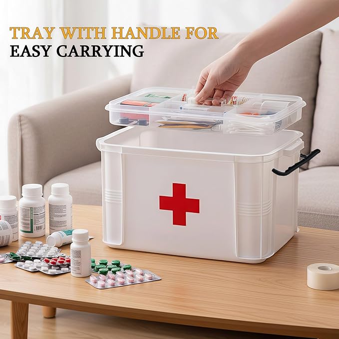 15QT Clear Medicine Organizer Box with Handle, Plastic Medicine Container with Tray First Aid Box Empty, Thickened Medicine S