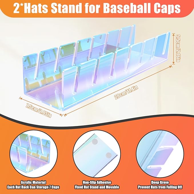 Hat Stand for Baseball Caps, 2 Pack No Install Acrylic Hat Organizer for 14 Baseball Caps Storage Organizer, Hat Racks Hat Ho