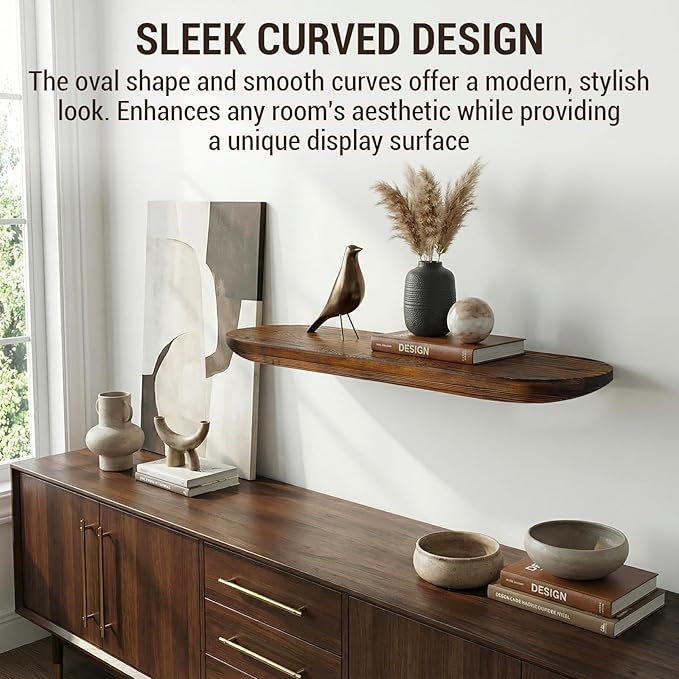 MyGift 32-Inch Premium Curved Oval Solid Wood Floating Shelf, Modern Wall-Mounted Display Rack for Home, Living Room, or Offi