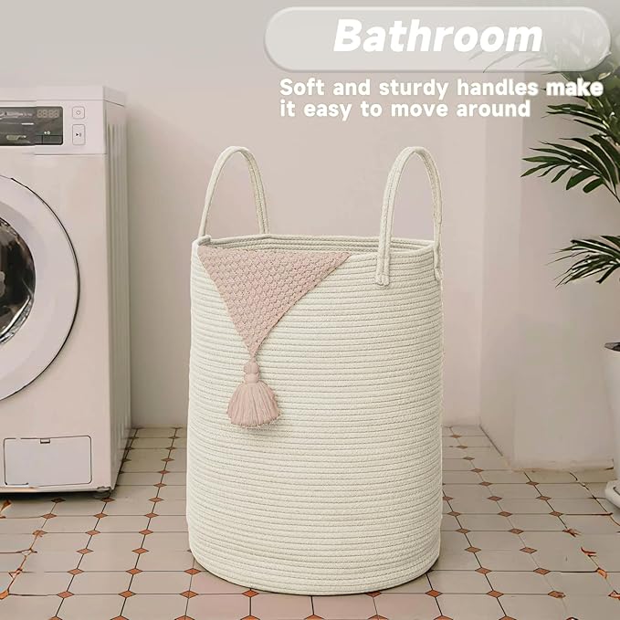 JMvicyroam Large Woven Laundry Basket Hamper,60L Cotton Rope Storage Bin for Blankets,Toys and Clothes,Decorative Tall Nurser