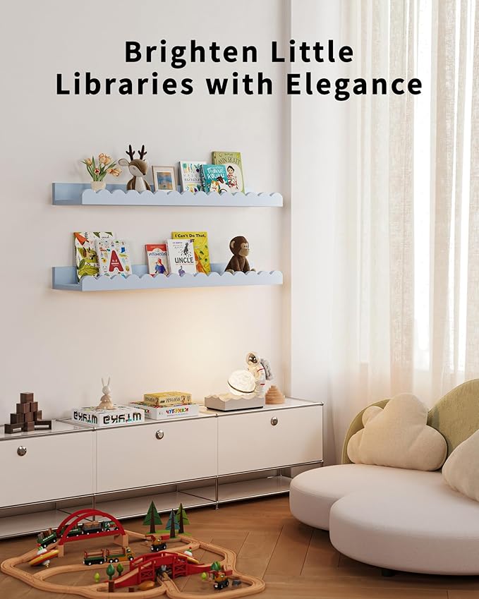 Shario Nursery Book Shelves, 4-Pack White Floating Shelves for Wall Kids, Scalloped Shelves, Wall Book Shelves for Bedroom Ki