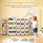Kids Toy Storage Organizer with Bookshelf – Wooden Shelf with 16 Bins & 6 Shelves, Quick Assembly Storage Rack for Playroom, 