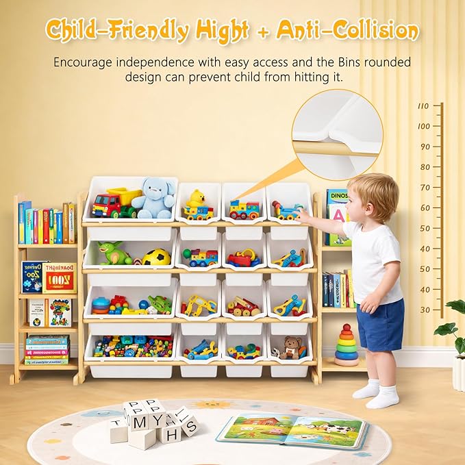 Kids Toy Storage Organizer with Bookshelf – Wooden Shelf with 16 Bins & 6 Shelves, Quick Assembly Storage Rack for Playroom, 