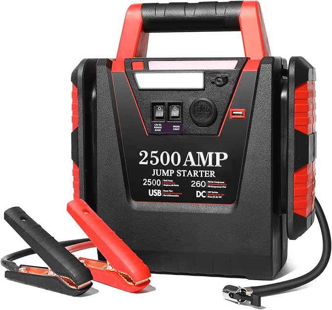 Jump Starter with Air Compressor,2500A Car Battery Jumper Starter 260 PSI Tire Inflator,6 in 1 Auto Lead-Acid Battery