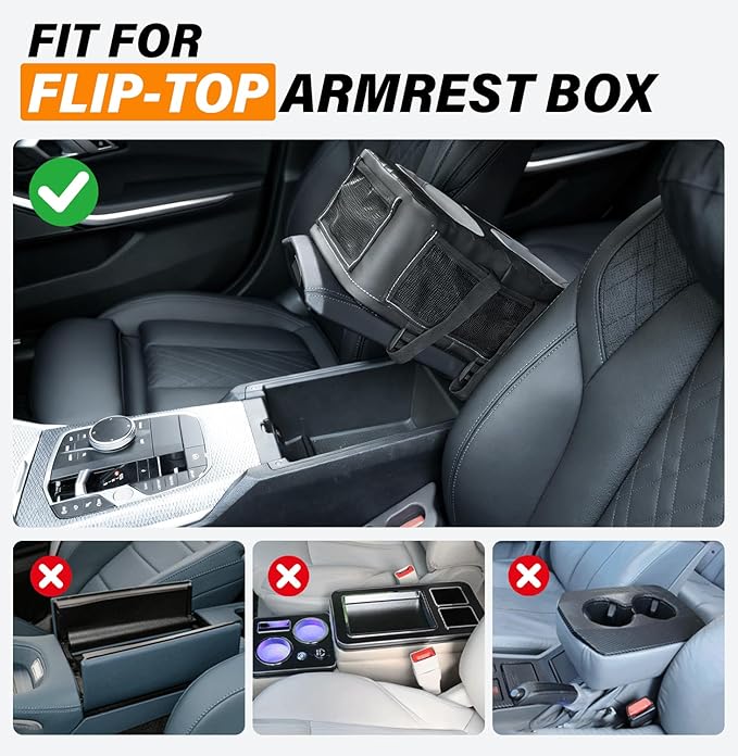 Center Console Cup Holder, Universal Car Armrest Storage Box with Bottle Holder & Tissue Slot & Side Pockets, Car Back Seat T