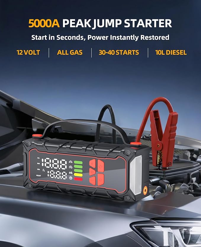 5000A Car Battery Jump Starter with Air Compressor 160PSI, Jumper Starter Portable for 7.0L Gas/6.0L Diesel, Jump Box for Car Battery with Tire Inflator & Power Bank& Jumper Cables, Emergency Kit